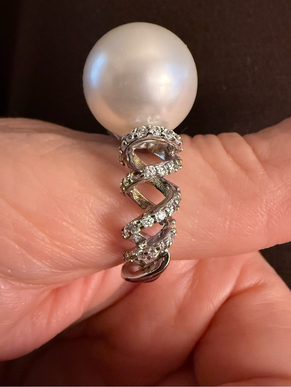 SX Sally C Treasures Pearl Spiral 925 Sterling Silver Ring CZ Accents size 10